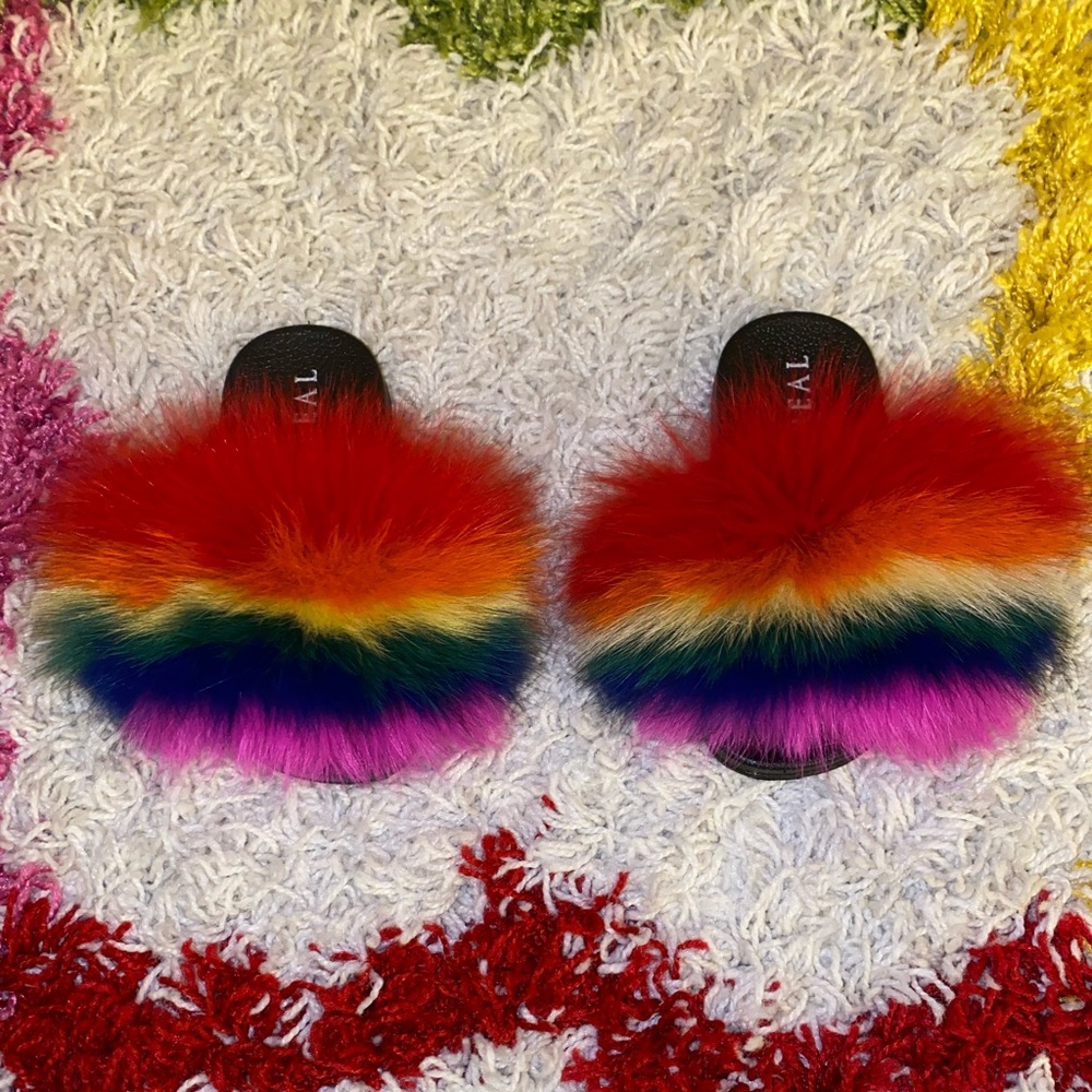 Real fur rainbow slides sandal size 8c. breathable. Spring Summer Fall essential